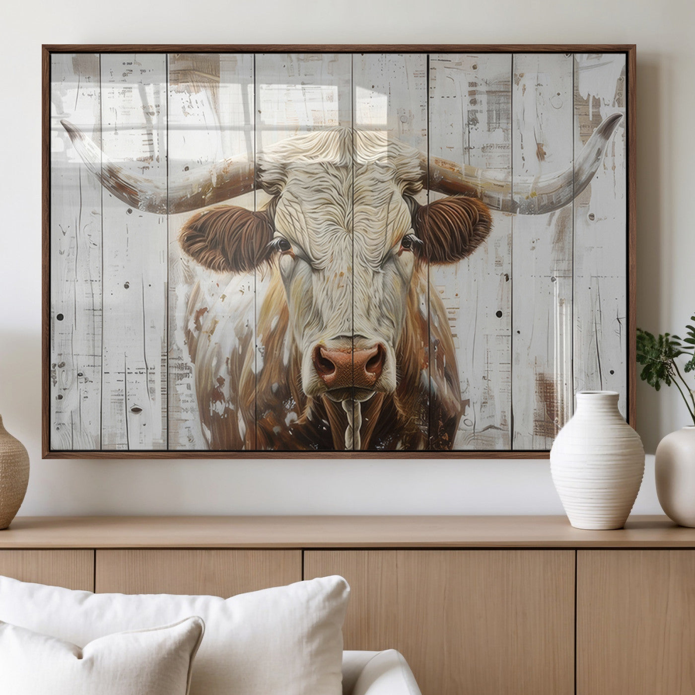 71551-MGV-FP-36X24-3P_Walnut-Longhorn Bull Wall Art – Rustic Western Cow Canvas Print, Farmhouse Animal Painting with Wood Plank Style for Living Room, Office