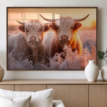 68253-MGV-FP-60X30-3P_Walnut-Highland Cow Wall Art – Rustic Farmhouse Cattle Canvas Print, Frosty Sunset Animal Artwork for Living Room, Bedroom or Country