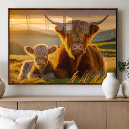 20567-MGV-FP-36X24-3P_Walnut-Highland Cow and Calf Wall Art – Rustic Farmhouse Sunset Cattle Canvas Print, Country Animal Artwork for Living Room, Bedroom, or