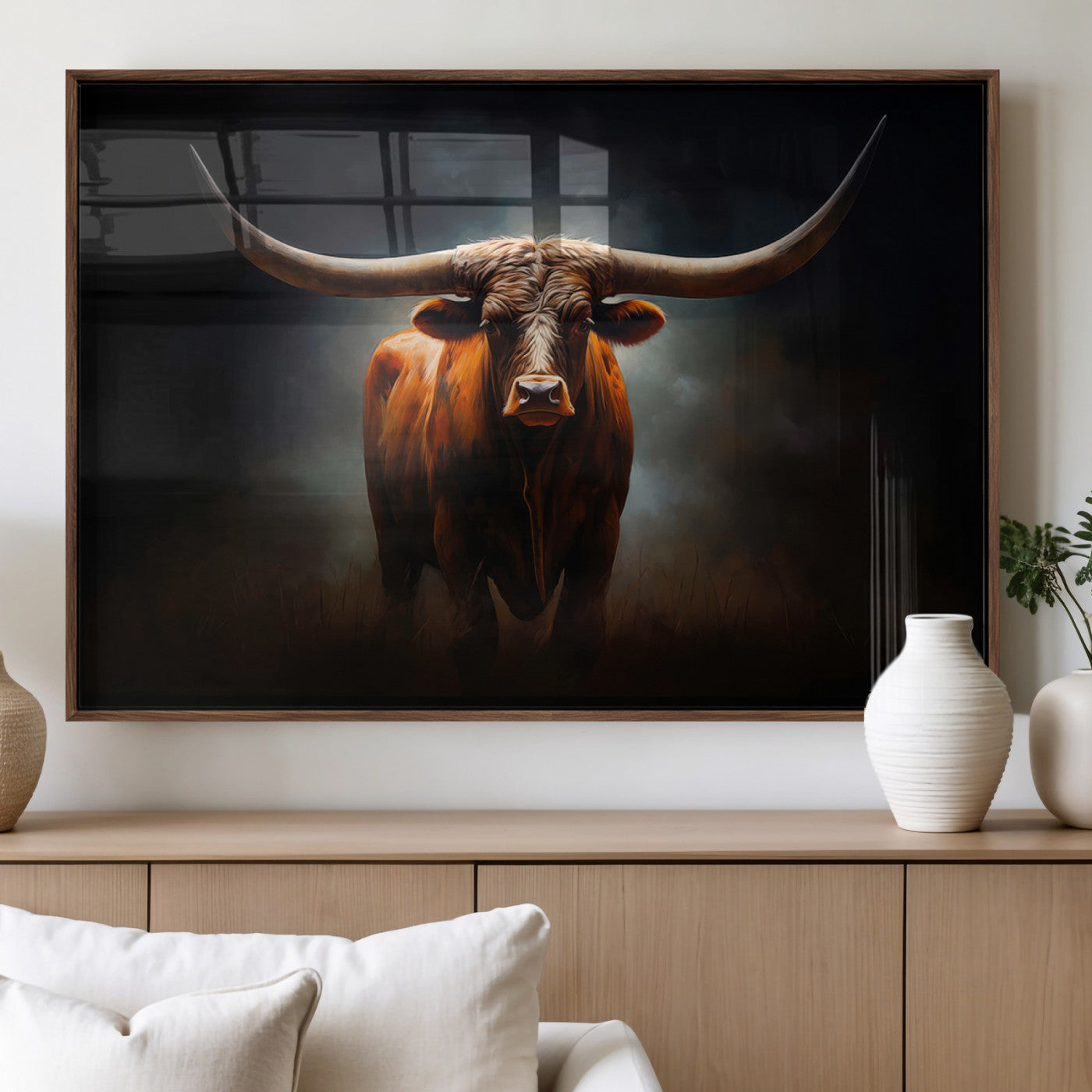 48896-MGV-FP-36X24-3P_Walnut-Texas Longhorn Wall Art – Rustic Western Bull Canvas Print and Farmhouse Cattle Painting for Living Room, Ranch, or Office Decor .