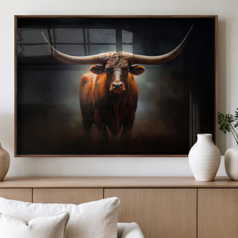 48896-MGV-FP-36X24-3P_Walnut-Texas Longhorn Wall Art – Rustic Western Bull Canvas Print and Farmhouse Cattle Painting for Living Room, Ranch, or Office Decor .