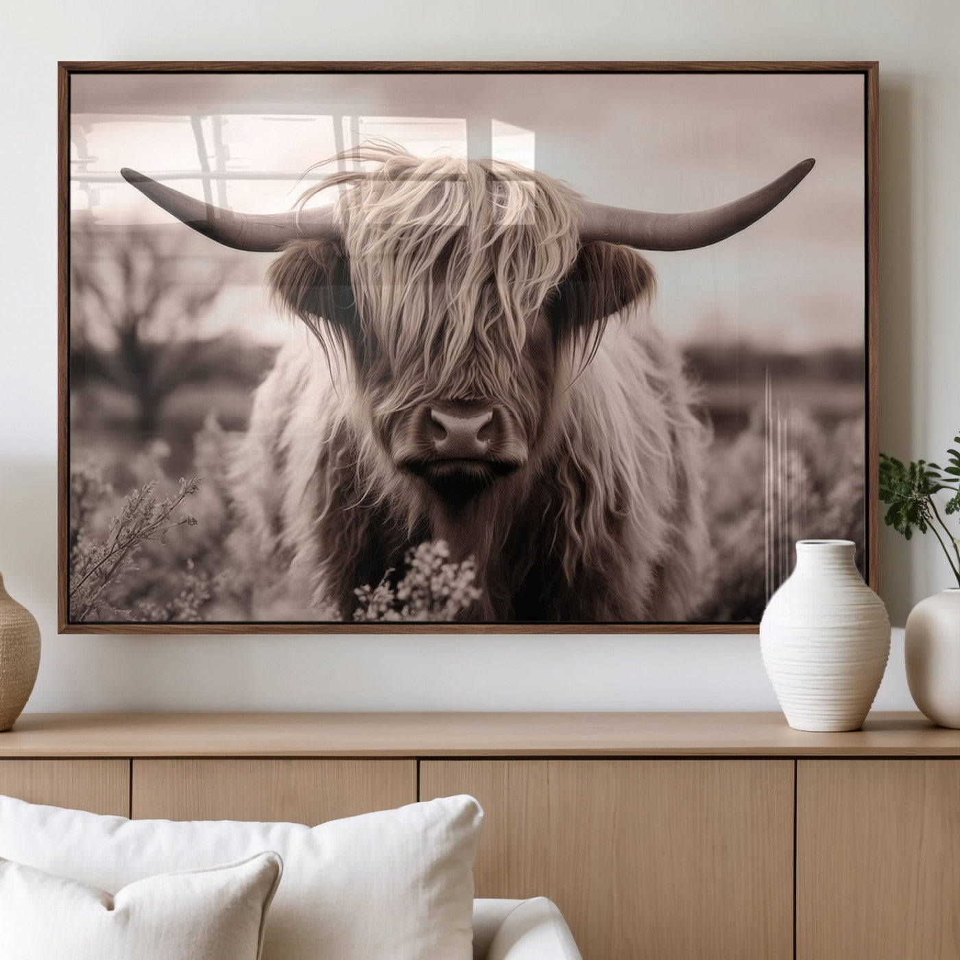 55903-MGV-FP-36X24-3P_Walnut-Highland Cow Wall Art – Rustic Sepia Scottish Highland Bull Canvas Print, Farmhouse Country Animal Decor for Living Room, Bedroom