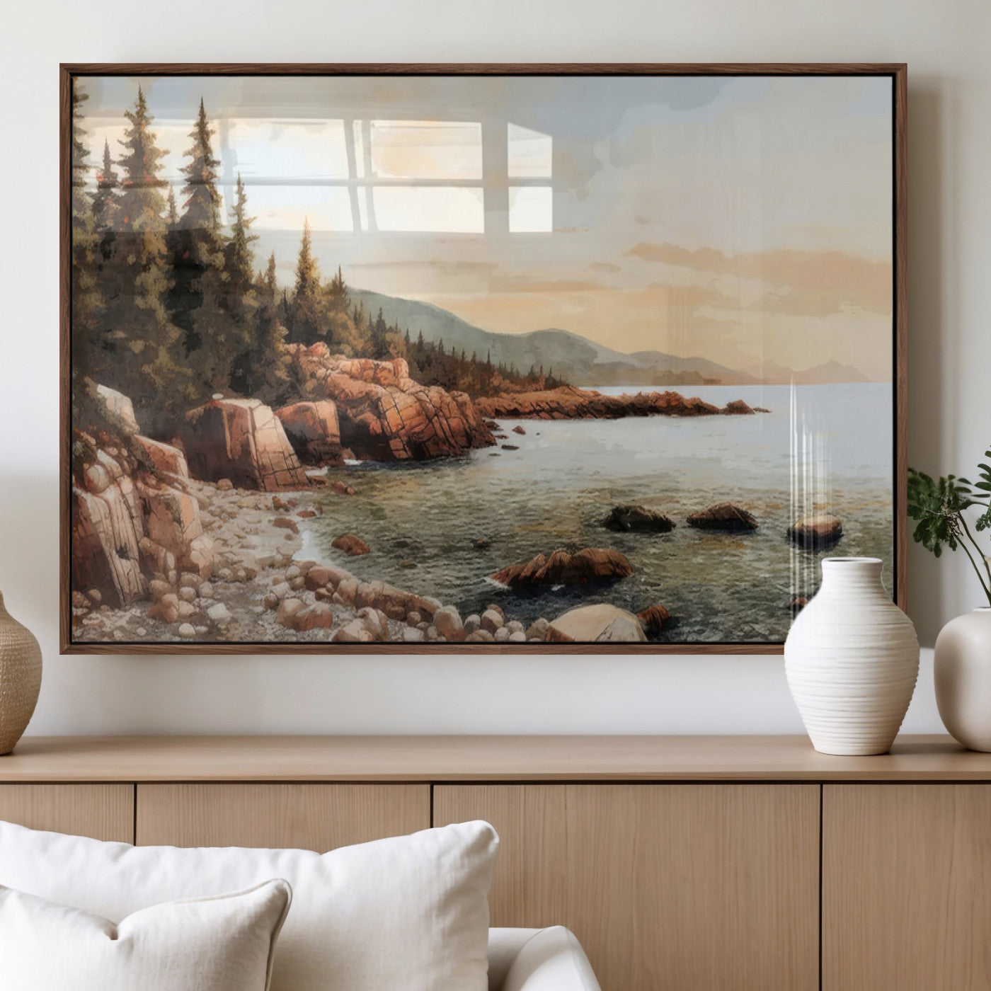 77145-MGV-FP-60X30-3P_Walnut-Coastal Landscape Wall Art – Panoramic Rocky Shoreline and Pine Trees Canvas Print, Rustic Nature Decor for Cabin, Lodge, Office,