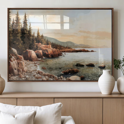 77145-MGV-FP-60X30-3P_Walnut-Coastal Landscape Wall Art – Panoramic Rocky Shoreline and Pine Trees Canvas Print, Rustic Nature Decor for Cabin, Lodge, Office,
