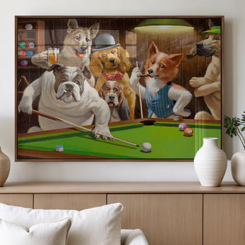 34228-MGV-FP-36X24-3P_Walnut-Dogs Playing Pool Wall Art Canvas Print, Framed Funny Dog Art Picture Print, Dog Perfect Game Room Decor Artwork