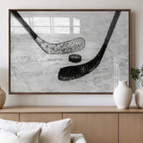 82900-MGV-FP-36X24-3P_Walnut-Hockey Wall Art – Black and White Canvas Print Ice Rink Sticks Puck Sports Photography, Modern Decor for Game Room, Man Cave,