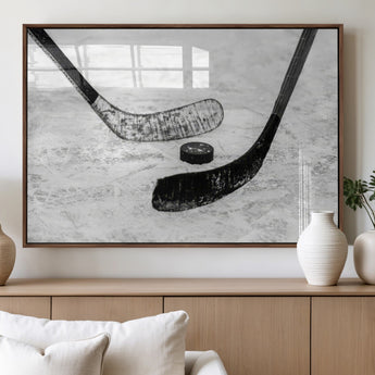 82900-MGV-FP-36X24-3P_Walnut-Hockey Wall Art – Black and White Canvas Print Ice Rink Sticks Puck Sports Photography, Modern Decor for Game Room, Man Cave,