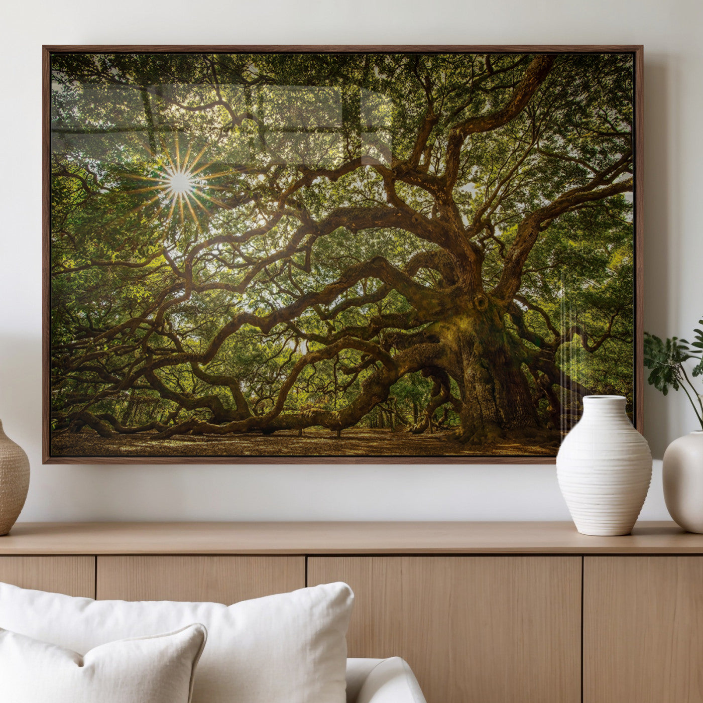 57983-MGV-FP-60X30-3P_Walnut-Angel Oak Tree Wall Art Canvas Print, Framed Oak Tree Art Picture Print, Angel Oak Perfect Rustic Nature Decor Artwork
