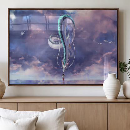 66864-MGV-FP-60X30-3P_Walnut-Fantasy Dragon Wall Art – Mystical Canvas Print Girl and Sky Serpent Dreamlike Clouds, Magical Anime Inspired Decor for Living