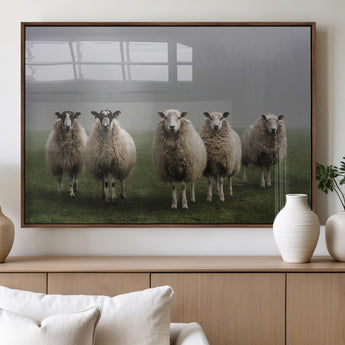 87339-MGV-FP-60X30-3P_Walnut-Sheep Wall Art – Rustic Farmhouse Canvas Print Flock Standing Misty Field Countryside Photography, Country Animal Decor for Living