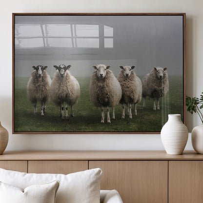 87339-MGV-FP-60X30-3P_Walnut-Sheep Wall Art – Rustic Farmhouse Canvas Print Flock Standing Misty Field Countryside Photography, Country Animal Decor for Living
