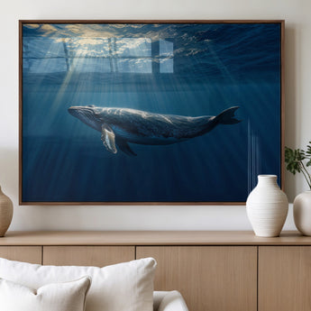 18052-MGV-FP-60X30-3P_Walnut-Whale Wall Art – Majestic Ocean Canvas Print Marine Life Underwater Sunlight Scene, Nautical Coastal Decor for Living Room,