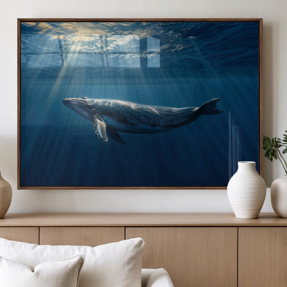 18052-MGV-FP-60X30-3P_Walnut-Whale Wall Art – Majestic Ocean Canvas Print Marine Life Underwater Sunlight Scene, Nautical Coastal Decor for Living Room,