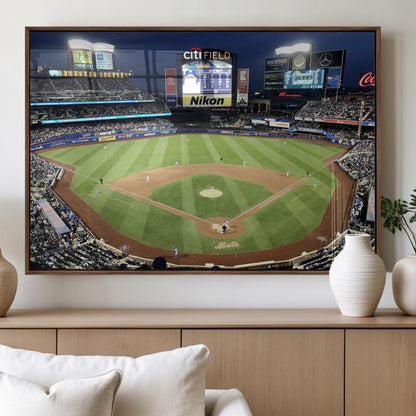 87666-MGV-FP-60X30-3P_Walnut-City Field Stadium Wall Art Canvas Print, Framed New York Stadium Art Picture Print, Citi Field Stadium Perfect Sport Room Decor
