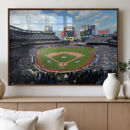 22910-MGV-FP-60X30-3P_Walnut-City Field Stadium Wall Art Canvas Print, Framed New York Stadium Art Picture Print, City Field Perfect Sport Room Decor Artwork