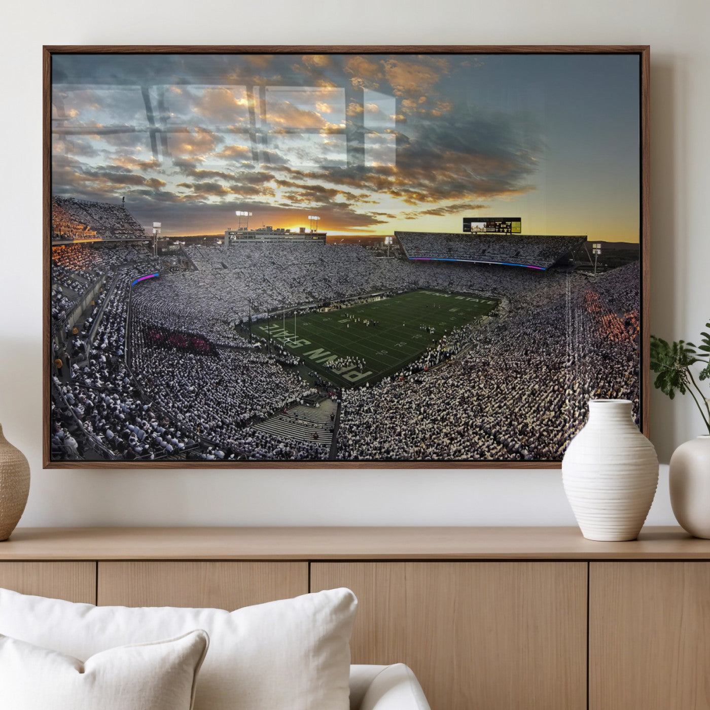 38807-MGV-FP-36X24-3P_Walnut-Beaver Stadium Wall Art Canvas Print, Framed Beaver Stadium Field Art Picture Print, Football Stadium Perfect Sport Room Decor