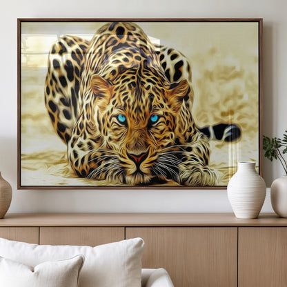45281-MGV-FP-36X24-3P_Walnut-Blue Eye Leopard Wall Art Canvas Print, Framed Leopard Painting Art Picture Print, Big Cat Perfect Safari Wildlife Decor Artwork