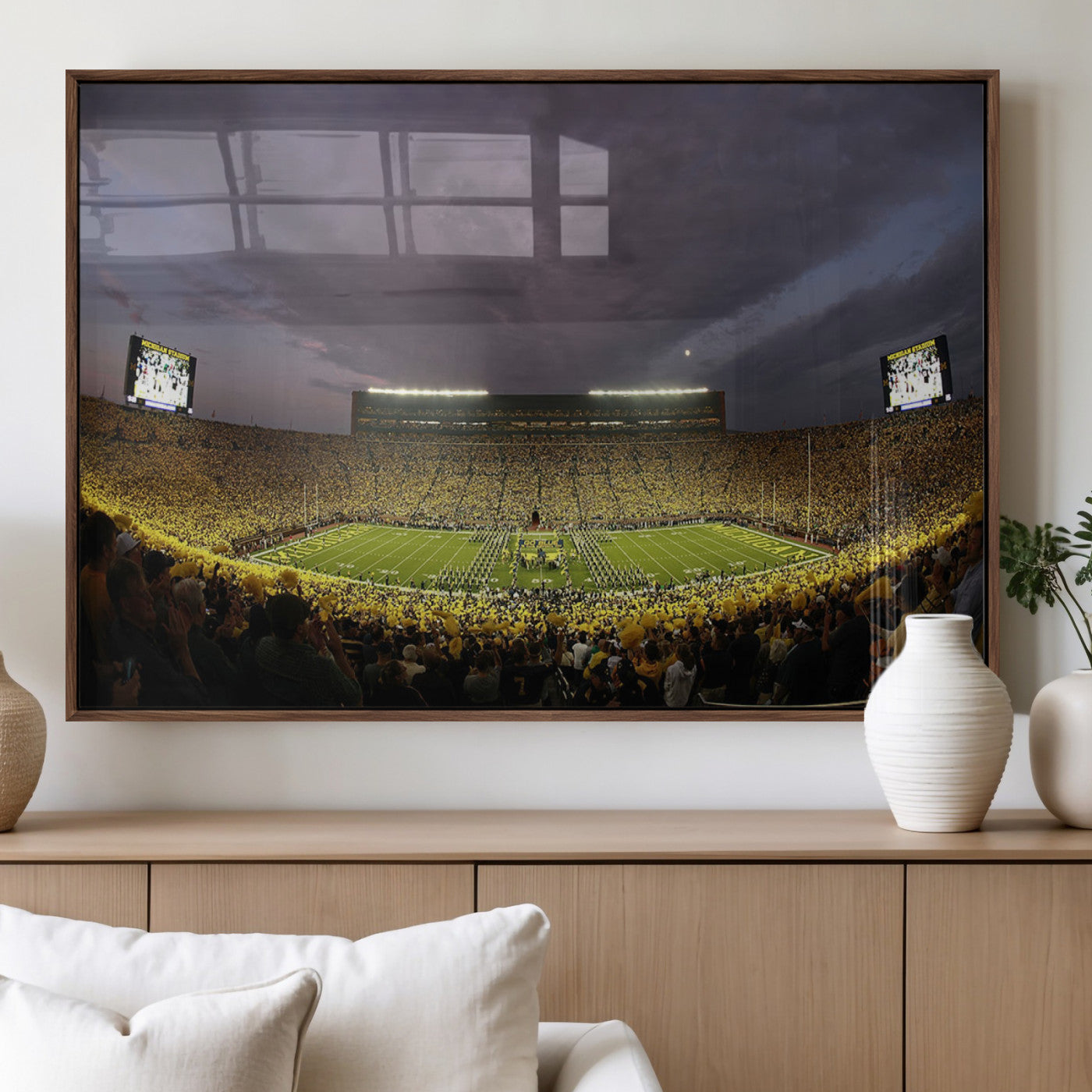 72404-MGV-FP-60X30-3P_Walnut-Michigan Wolverine Stadium Wall Art Canvas Print, Framed Michigan Stadium Art Picture Print, Football Stadium Perfect Sport Room
