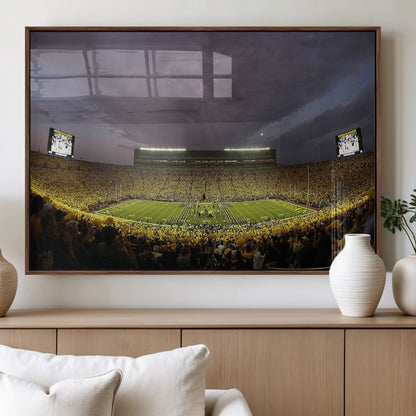 72404-MGV-FP-60X30-3P_Walnut-Michigan Wolverine Stadium Wall Art Canvas Print, Framed Michigan Stadium Art Picture Print, Football Stadium Perfect Sport Room