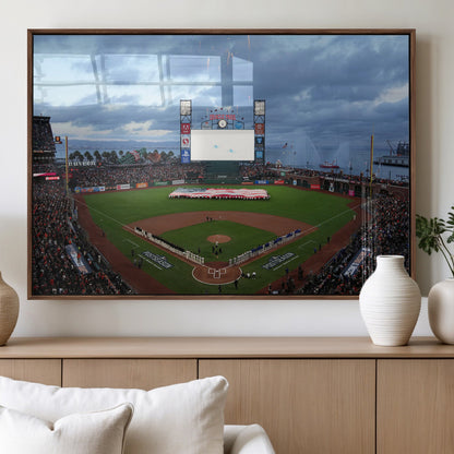 44631-MGV-FP-36X24-3P_Walnut-Oracle Park Stadium Wall Art Canvas Print, Framed San Francisco Giants Art Picture Print, Giants Stadium Field Perfect Sports Room