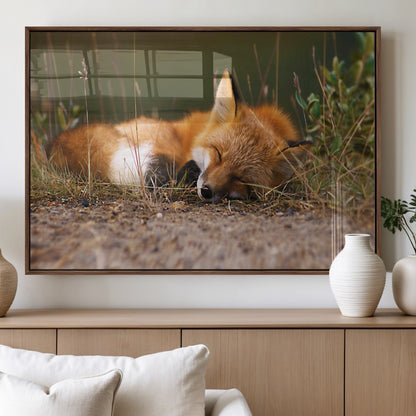 25085-MGV-FP-60X30-3P_Walnut-Sleeping Fox Wall Art Canvas Print, Framed Rustic Fox Art Picture Print, Wildlife Animal Perfect Rustic Farmhouse Decor Artwork