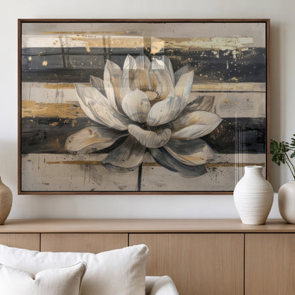 18807-MGV-FP-60X30-3P_Walnut-Lotus Flower Wall Art Canvas Print, Framed Abstract Lotus Art Picture Print, White Lotus Flower Perfect Abstract Floral Decor