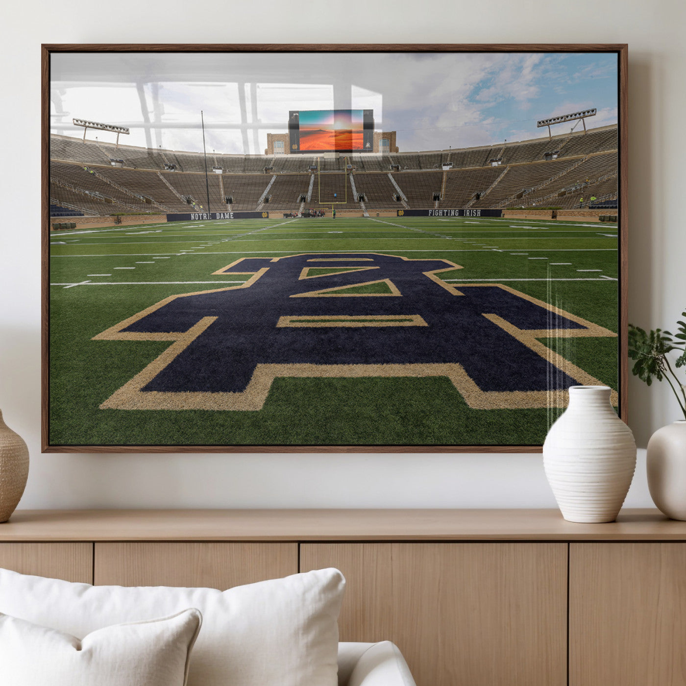 52835-MGV-FP-36X24-3P_Walnut-Notre Dame Stadium Wall Art Canvas Print, Framed Indiana Stadium Art Picture Print, Notre Dame Field Perfect Sport Room Decor