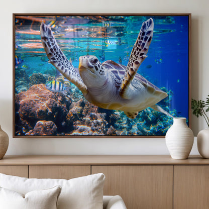 12683-MGV-FP-36X24-3P_Walnut-Sea Turtle Wall Art – Graceful Ocean Canvas Print with Coral Reef and Tropical Fish, Coastal Marine Life Decor for Beach House,