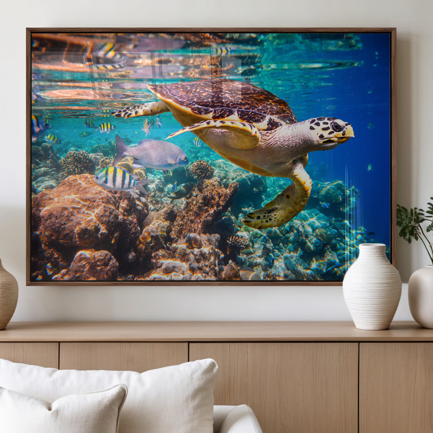 66614-MGV-FP-36X24-3P_Walnut-Sea Turtle Wall Art – Hawksbill Turtle Swimming Over Coral Reef Canvas Print, Ocean Marine Life Decor for Beach House, Coastal