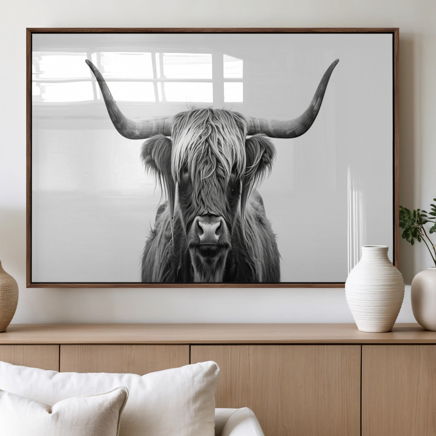 49556-MGV-FP-36X24-3P_Walnut-Highland Cow Wall Art – Black and White Scottish Highland Cattle Print, Rustic Farmhouse Minimalist Animal Portrait Canvas for