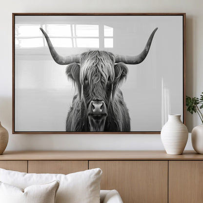 49556-MGV-FP-36X24-3P_Walnut-Highland Cow Wall Art – Black and White Scottish Highland Cattle Print, Rustic Farmhouse Minimalist Animal Portrait Canvas for