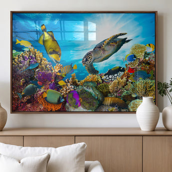 44772-MGV-FP-36X24-3P_Walnut-Underwater Sea Turtle Wall Art – Vibrant Coral Reef and Tropical Fish Canvas Print, Ocean Marine Life Decor for Living Room,