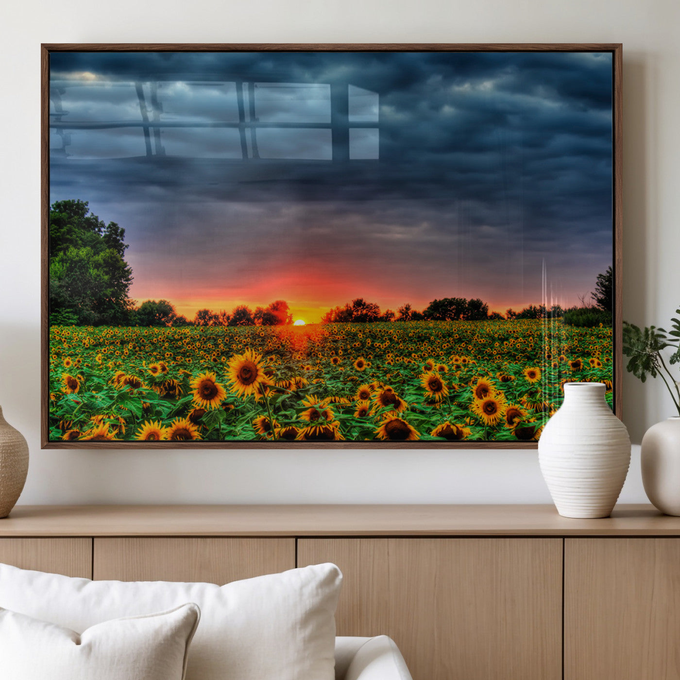 45045-MGV-FP-36X24-3P_Walnut-Sunflower Field Sunset Wall Art – Dramatic Stormy Sky Landscape Print, Vibrant Yellow Floral Nature Canvas for Living Room,
