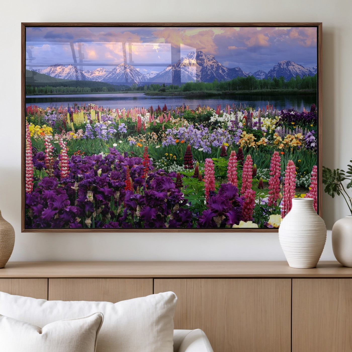 82270-MGV-FP-36X24-3P_Walnut-Colorful Wildflower Meadow Landscape Wall Art – Snow-Capped Mountain Lake Sunset Print, Vibrant Nature Artwork for Living Room,