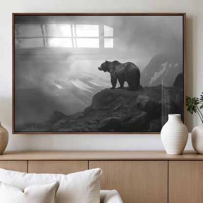 49504-MGV-FP-36X24-3P_Walnut-Black and White Grizzly Bear Wall Art – Wilderness Wildlife Painting, Rustic Mountain Cabin Decor, Monochrome Animal Print for