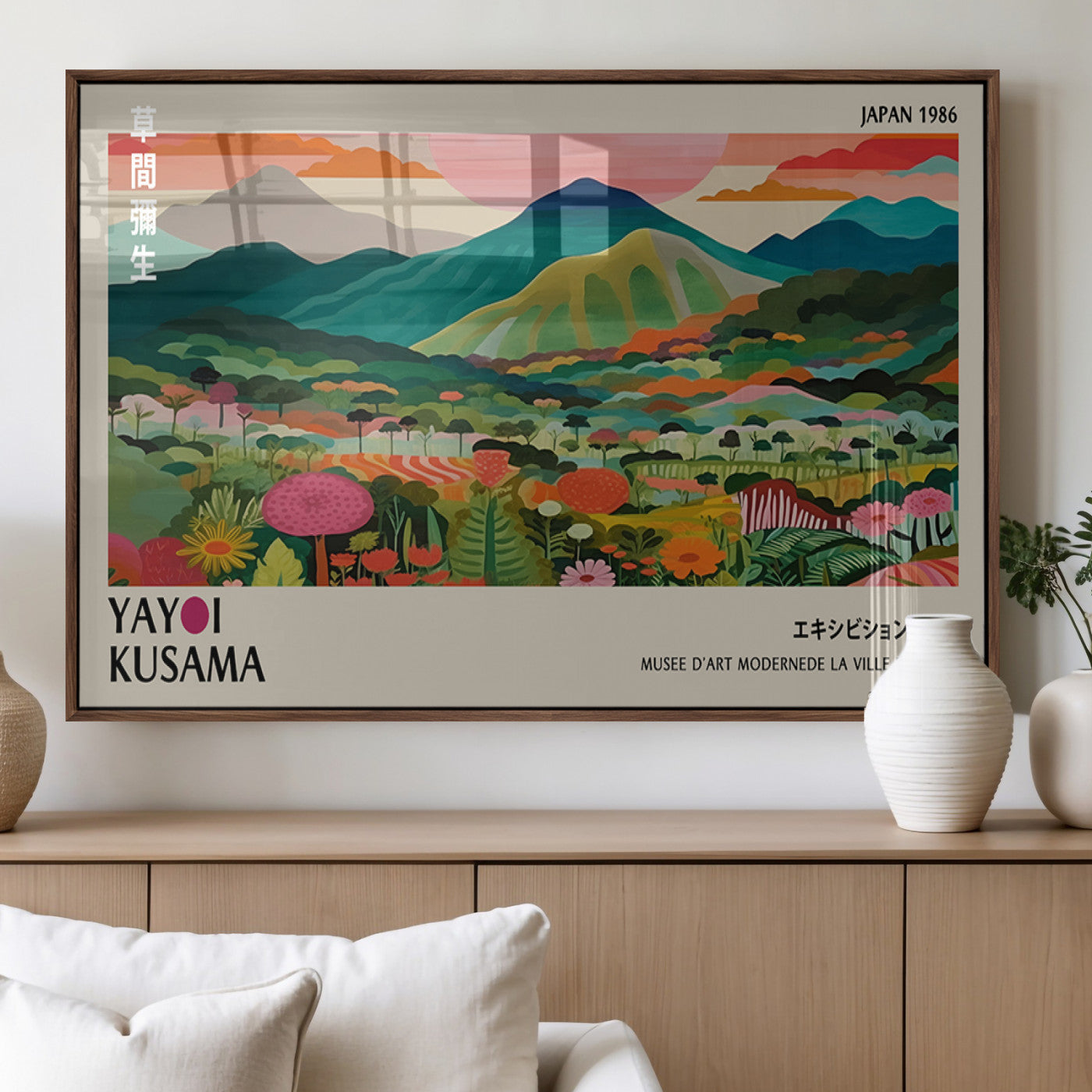 54215-MGV-FP-36X24-3P_Walnut-Yayoi Kusama Wall Art – Panoramic Japanese Landscape Canvas Print, Modern Abstract Nature Decor for Office, Bedroom or Living Room