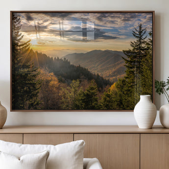 73692479-MGV-FP-36X24-3P_Walnut-Smoky Mountains Wall Art Canvas Print, Framed Forest Mountain Art Picture Print, Spring Mountain Perfect Spring Style Decor
