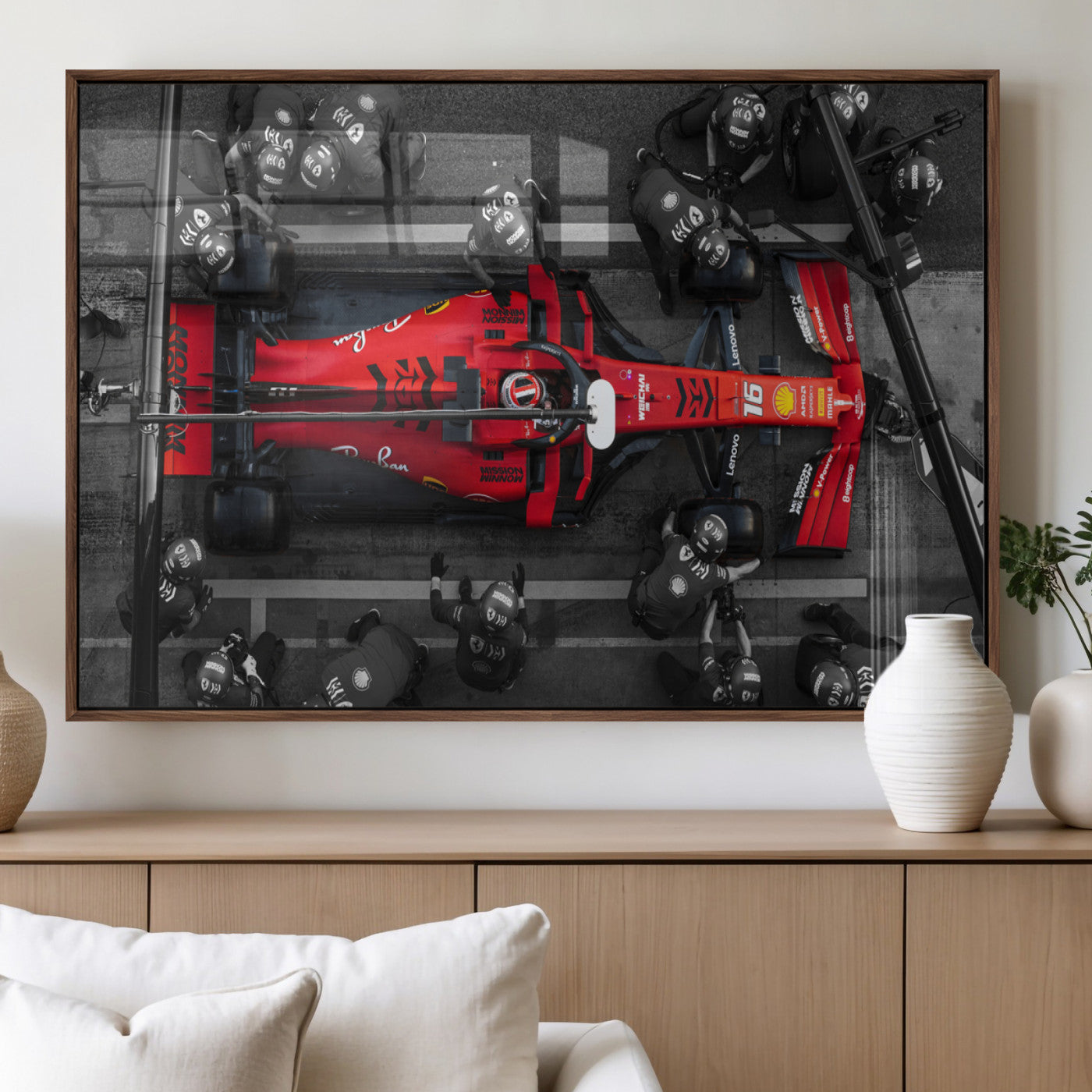 99356-MGV-FP-36X24-3P_Walnut-Ferrari Pit Stop Wall Art – Formula 1 Racing Car Canvas Print, Red Speed Machine Motorsport Decor for Office, Garage, Man Cave or