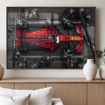 99356-MGV-FP-36X24-3P_Walnut-Ferrari Pit Stop Wall Art – Formula 1 Racing Car Canvas Print, Red Speed Machine Motorsport Decor for Office, Garage, Man Cave or
