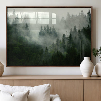 167720496-MGV-FP-36X24-3P_Walnut-Misty Forest Wall Art – Serene Evergreen Trees Canvas Print, Foggy Mountain Nature Landscape Decor for Bedroom, Living Room or
