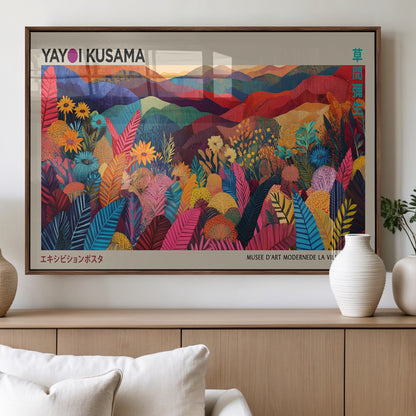 70959-MGV-FP-36X24-3P_Walnut-Yayoi Kusama Inspired Wall Art – Bold Floral Landscape Canvas Print, Vibrant Modern Abstract Poster for Living Room, Bedroom, or