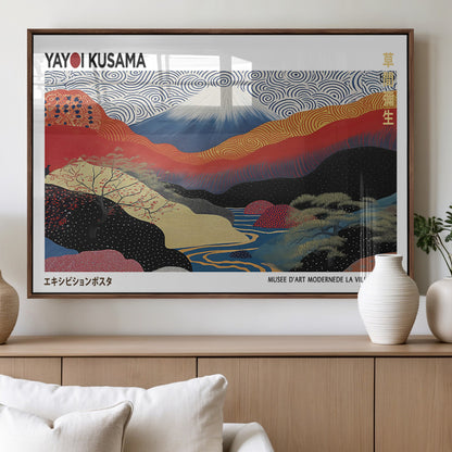 14839-MGV-FP-36X24-3P_Walnut-Yayoi Kusama Wall Art – Panoramic Mountain & River Canvas Print, Modern Abstract Japanese Landscape Decor for Living Room or