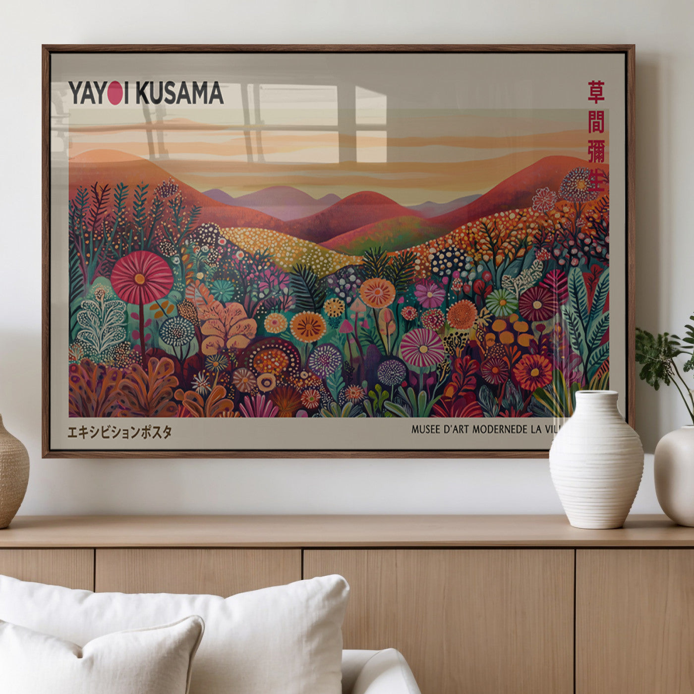 66096-MGV-FP-36X24-3P_Walnut-Yayoi Kusama Wall Art – Sunset Floral Landscape Canvas Print, Vibrant Flower Garden Panorama for Living Room, Bedroom or Office