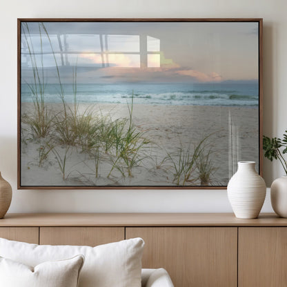 Test1001-MGV-FP-36X24-3P_Walnut-Coastal Beach Wall Art – Panoramic Ocean Waves and Sandy Dunes Canvas Print, Serene Seascape with Sea Oats for Relaxing Home or