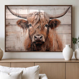 93730-MGV-FP-36X24-3P_Walnut-Scottish Cow Wall Art Canvas Print, Framed Longhorn Cow Art Picture Print, Highland Cattle Perfect Rustic Farmhouse Decor Artwork