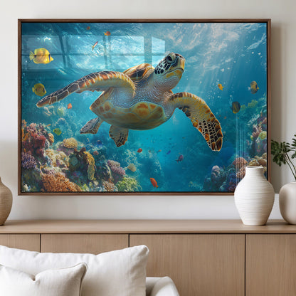 37623-MGV-FP-36X24-3P_Walnut-Sea Turtle Wall Art – Underwater Ocean Canvas Print with Coral Reef and Tropical Fish, Marine Life Painting Poster for Living
