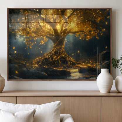 92739-MGV-FP-36X24-3P_Walnut-Glowing Tree Wall Art – Enchanted Golden Forest Canvas Print, Mystical Illuminated Nature Painting Poster for Living Room,
