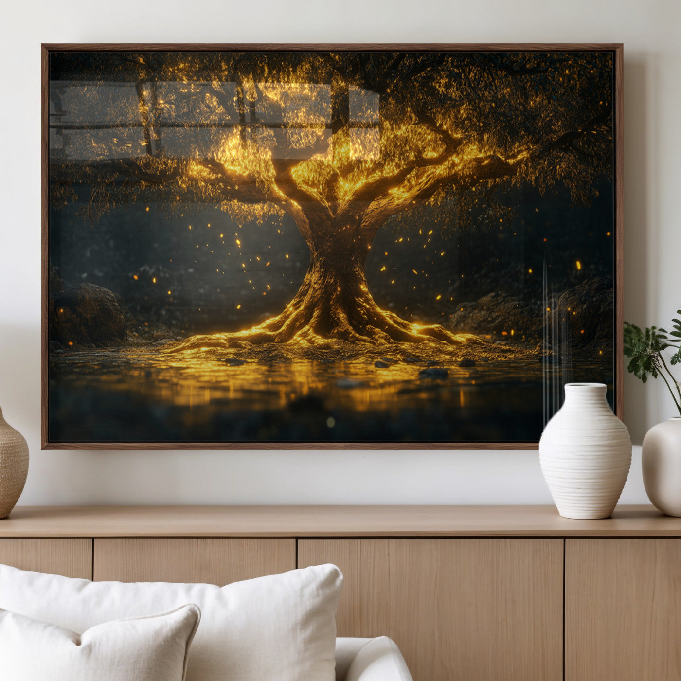 59580-MGV-FP-36X24-3P_Walnut-Glowing Tree Wall Art – Golden Fantasy Nature Canvas Print, Mystical Illuminated Tree Painting Poster for Living Room, Bedroom,