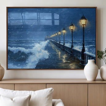32668-MGV-FP-36X24-3P_Walnut-Stormy Pier Wall Art – Ocean Waves and Street Lamps Canvas Print, Rainy Night Seascape Oil Painting Poster for Living Room,