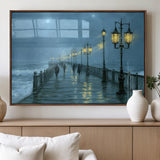 79606-MGV-FP-36X24-3P_Walnut-Rainy Pier Night Wall Art – Ocean Waves and Street Lamps Canvas Print, Moody Seascape Oil Painting Poster for Living Room,